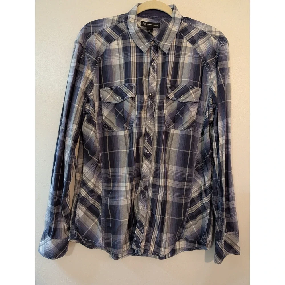 INC International Concepts Men Blue Plaid Snap Button Western Shirt Large Cotton